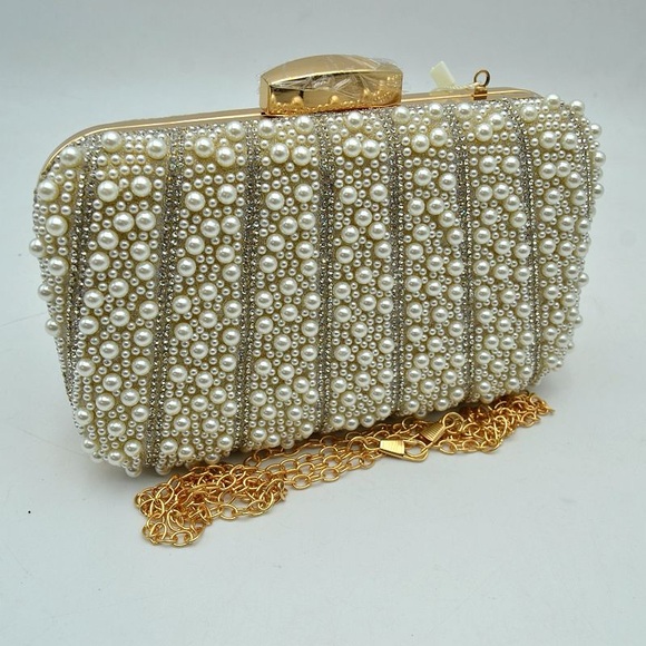 Handbags - Pearl-Embellished Ivory Evening Clutch with Gold Chain